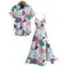 Hawaii Vacation Couple Outfit Colorblock Tropical Monstera Leaf Print Lace Hollow Out Slit Dress and Shirt Set - Blanc S | US 4