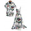 Vacation Couple Outfit Sketch Style Tropical Blossom Leaf Pattern Lace Hollow Out Slit Dress and Shirt Set - Blanc S | US 4