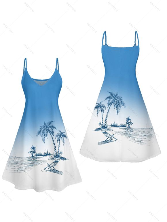Robe de Plage Ligne A Ombré Cocotier Imprimé à Bretelle Fine sans Manches - Bleu clair XXXXL | US 18