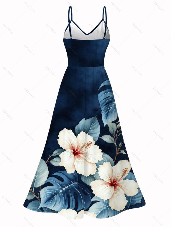 Two-tone Vacation Couple Outfit Hibiscus Floral Leaf Print Slit Lace Hollow Out Dress and Shirt Set - Bleu de Minuit S | US 4