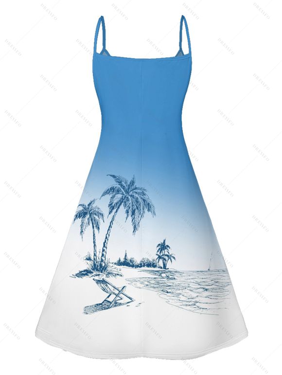 Hawaii Ombre Coconut Tree Print V Neck High Waist Spaghetti Strap Dress and Roll Up Sleeve Shirt Outfit - Bleu clair S | US 4