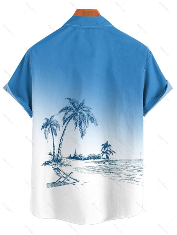 Hawaii Ombre Coconut Tree Print V Neck High Waist Spaghetti Strap Dress and Roll Up Sleeve Shirt Outfit - Bleu clair S | US 4