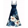 Robe de vacances imprimée de feuilles d'hibiscus aquarelle, fente en dentelle ajourée - Bleu Marine XXXXXL | US 20