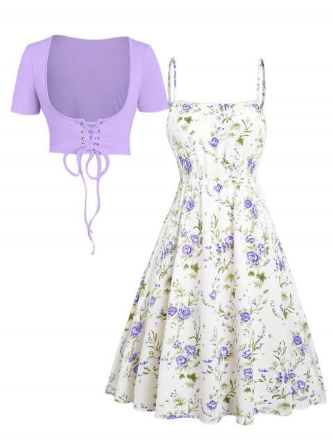 Floral Print Waisted Sleeveless Cami Dress And Solid Lace Up Short Sleeve Crop Top Set