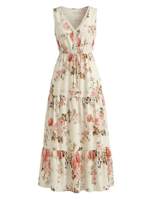 Robe de vacances romantique à motif de roses de jardin, robe élégante ajourée et nouée