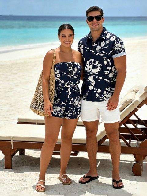Vacation Couple Outfit Abstract Flower Leaf Print Off the Shoulder Romper and Shirt Set