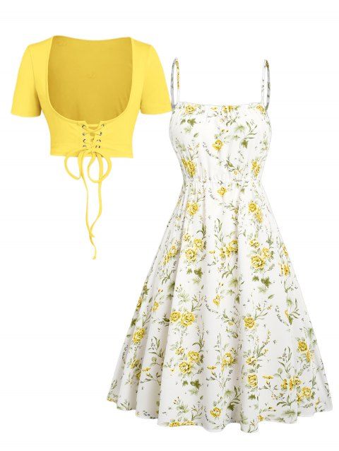 Floral Print Waisted Sleeveless Cami Dress And Solid Lace Up Short Sleeve Crop Top Set