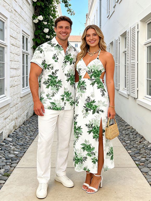 Vacation Couple Outfit Fresh Forest Floral Bouquet Pattern Twisted Cut Out Slit Halter Dress and Shirt Set - Émeraude S | US 4