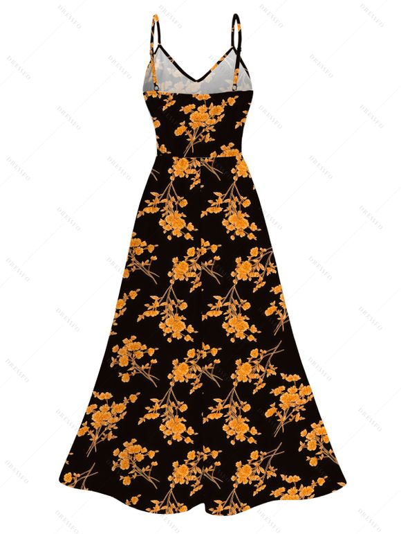 Vacation Dress Retro Botanical Cluster Floral Print Lace Hollow Out Slit Dress - Noir XXXXXL | US 20