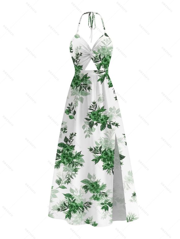Vacation Couple Outfit Fresh Forest Floral Bouquet Pattern Twisted Cut Out Slit Halter Dress and Shirt Set - Émeraude S | US 4