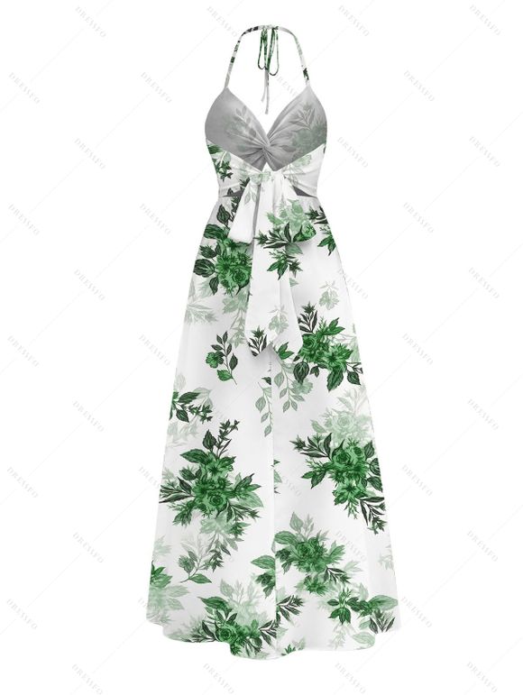 Vacation Couple Outfit Fresh Forest Floral Bouquet Pattern Twisted Cut Out Slit Halter Dress and Shirt Set - Émeraude S | US 4