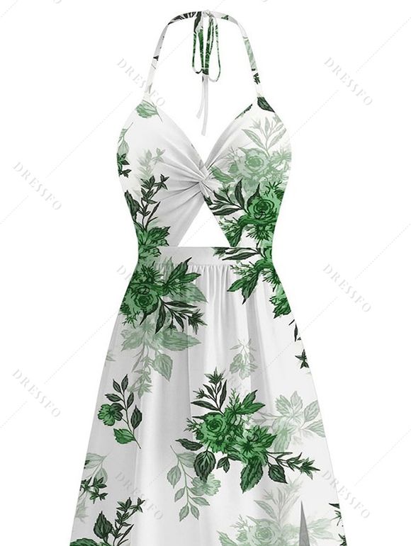 Vacation Halter Dress Fresh Forest Floral Bouquet Pattern Twisted Cut Out Bowknot Slit Dress - Émeraude XXXXXL | US 20