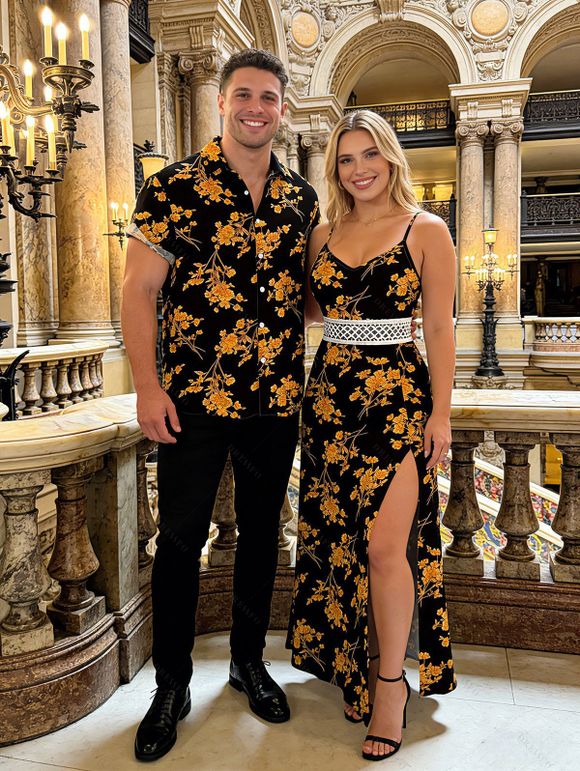 Vacation Couple Outfit Retro Botanical Cluster Floral Print Lace Hollow Out Slit Dress and Shirt Set - Noir S | US 4