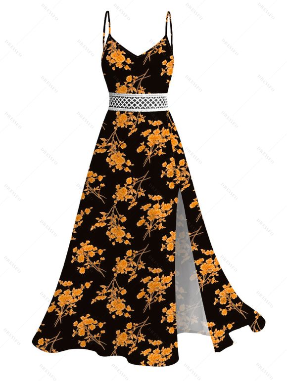 Vacation Couple Outfit Retro Botanical Cluster Floral Print Lace Hollow Out Slit Dress and Shirt Set - Noir S | US 4