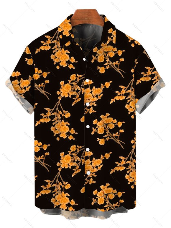 Vacation Couple Outfit Retro Botanical Cluster Floral Print Lace Hollow Out Slit Dress and Shirt Set - Noir S | US 4