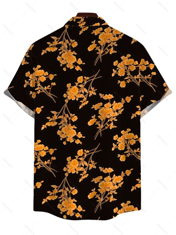 Vacation Couple Outfit Retro Botanical Cluster Floral Print Lace Hollow Out Slit Dress and Shirt Set - Noir S | US 4