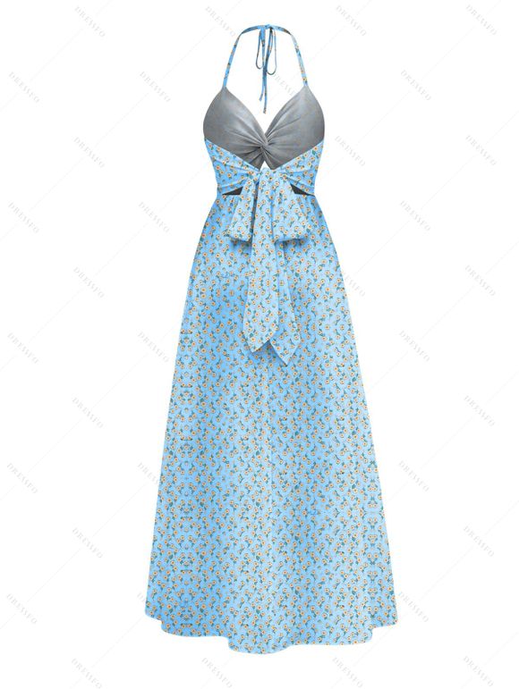 Vacation Halter Dress Daisy Ditsy Floral Print Twisted Cut Out Bowknot Slit Dress - Bleu clair XXXXXL | US 20