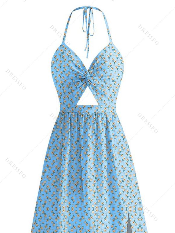 Vacation Halter Dress Daisy Ditsy Floral Print Twisted Cut Out Bowknot Slit Dress - Bleu clair XXXXXL | US 20
