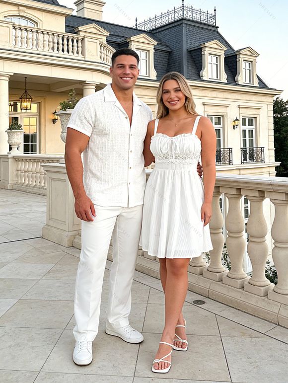 Vintage Couple Outfit Solid Color Lace Panel Scalloped Ruffle Bowknot Smocked Dress and Textured Shirt Set - Blanc S | US 4