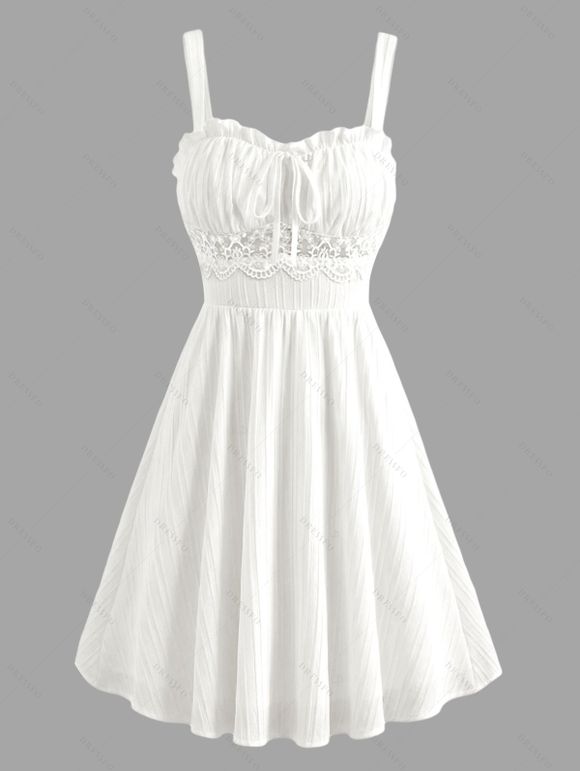 Vintage Couple Outfit Solid Color Lace Panel Scalloped Ruffle Bowknot Smocked Dress and Textured Shirt Set - Blanc S | US 4