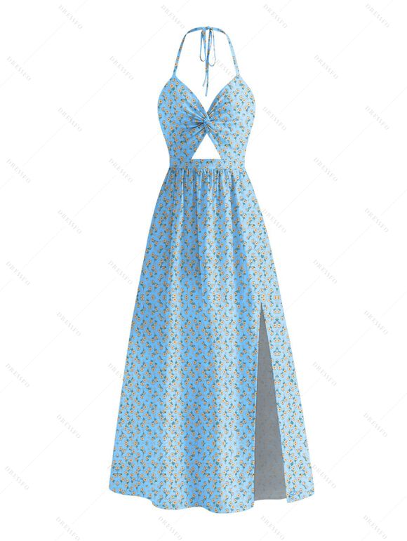 Vacation Couple Outfit Daisy Ditsy Floral Print Twisted Cut Out Bowknot Slit Halter Dress and Textured Knitted Shirt Set - Bleu clair S | US 4