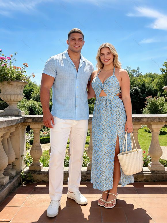 Vacation Couple Outfit Daisy Ditsy Floral Print Twisted Cut Out Bowknot Slit Halter Dress and Textured Knitted Shirt Set - Bleu clair S | US 4