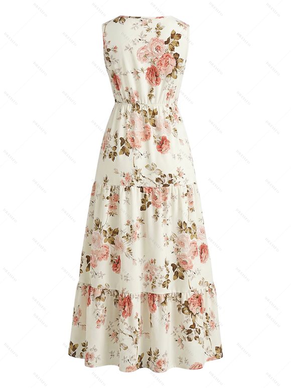 Robe de vacances romantique à motif de roses de jardin, robe élégante ajourée et nouée - Blanc XL | US 10