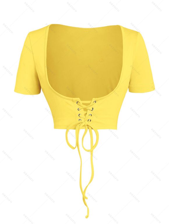 Floral Print Waisted Sleeveless Cami Dress And Solid Lace Up Short Sleeve Crop Top Set - Jaune S | US 4