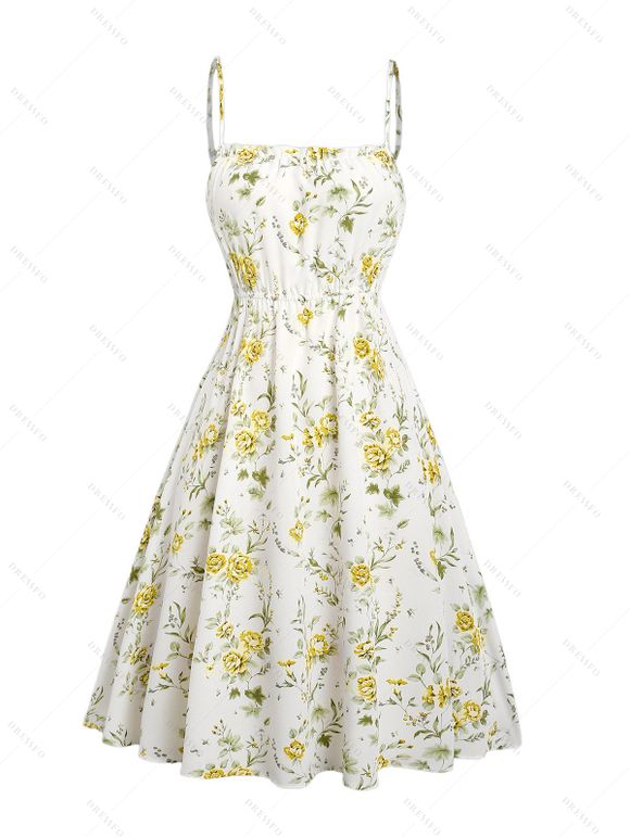 Floral Print Waisted Sleeveless Cami Dress And Solid Lace Up Short Sleeve Crop Top Set - Jaune S | US 4