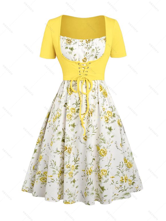 Floral Print Waisted Sleeveless Cami Dress And Solid Lace Up Short Sleeve Crop Top Set - Jaune S | US 4