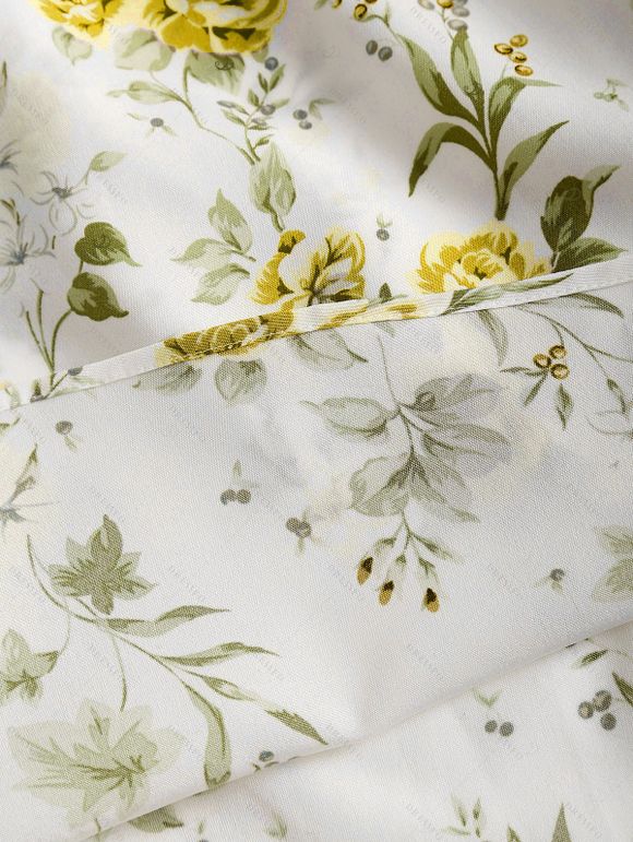 Floral Print Waisted Sleeveless Cami Dress And Solid Lace Up Short Sleeve Crop Top Set - Jaune S | US 4