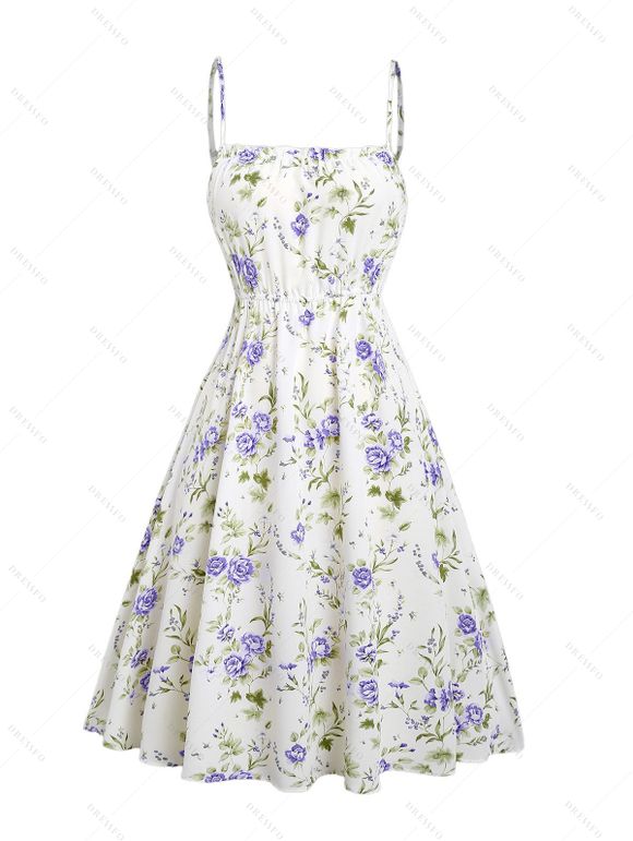 Floral Print Waisted Sleeveless Cami Dress And Solid Lace Up Short Sleeve Crop Top Set - violet lavande XXL | US 14
