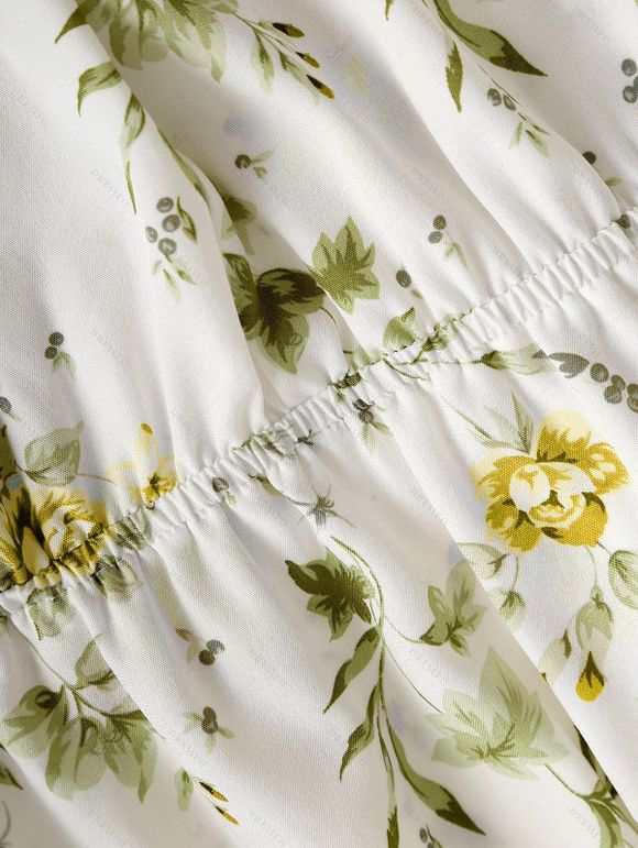 Floral Print Waisted Sleeveless Cami Dress And Solid Lace Up Short Sleeve Crop Top Set - Jaune S | US 4