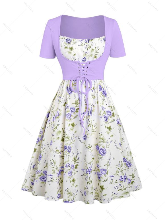 Floral Print Waisted Sleeveless Cami Dress And Solid Lace Up Short Sleeve Crop Top Set - violet lavande XXL | US 14