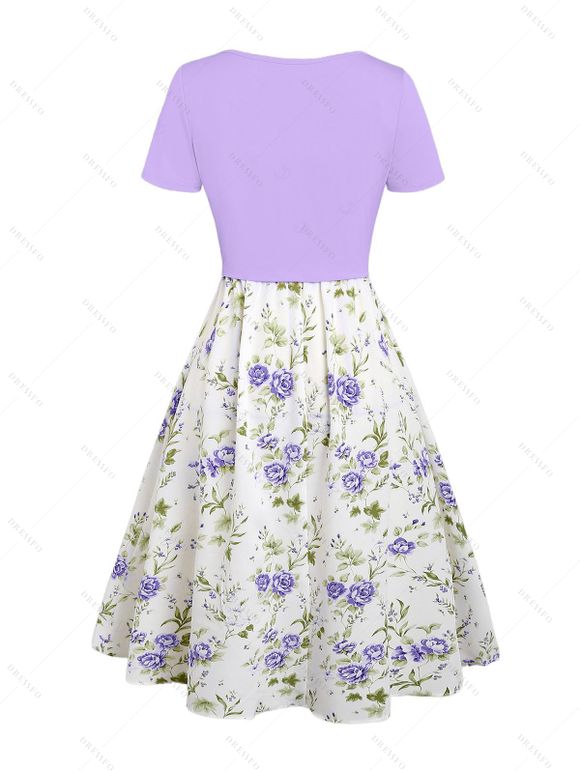 Floral Print Waisted Sleeveless Cami Dress And Solid Lace Up Short Sleeve Crop Top Set - violet lavande XXL | US 14