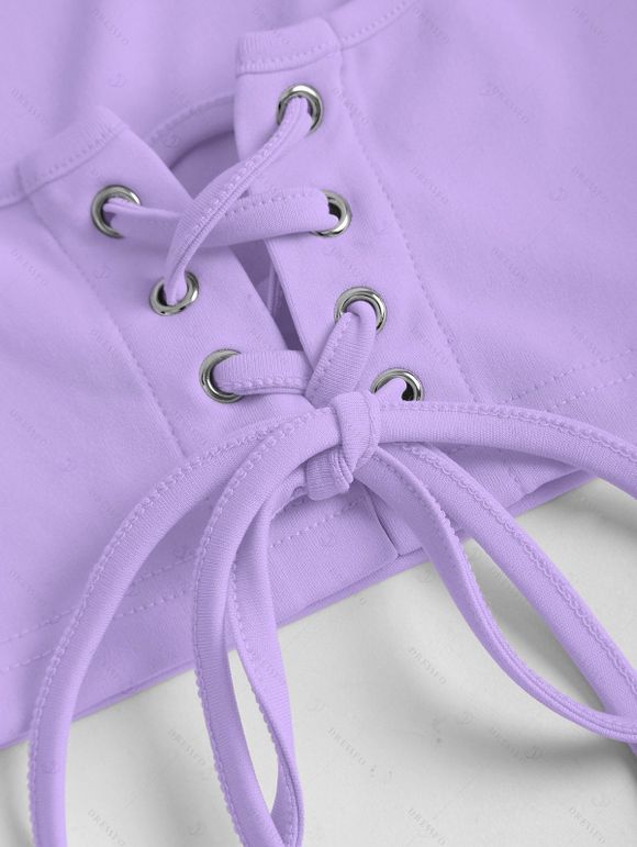 Floral Print Waisted Sleeveless Cami Dress And Solid Lace Up Short Sleeve Crop Top Set - violet lavande XXL | US 14