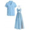 Vacation Couple Outfit Daisy Ditsy Floral Print Twisted Cut Out Bowknot Slit Halter Dress and Textured Knitted Shirt Set - Bleu clair S | US 4