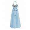 Vacation Couple Outfit Daisy Ditsy Floral Print Twisted Cut Out Bowknot Slit Halter Dress and Textured Knitted Shirt Set - Bleu clair S | US 4