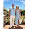 Vacation Couple Outfit Daisy Ditsy Floral Print Twisted Cut Out Bowknot Slit Halter Dress and Textured Knitted Shirt Set - Bleu clair S | US 4