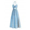 Vacation Couple Outfit Daisy Ditsy Floral Print Twisted Cut Out Bowknot Slit Halter Dress and Textured Knitted Shirt Set - Bleu clair S | US 4
