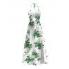 Vacation Halter Dress Fresh Forest Floral Bouquet Pattern Twisted Cut Out Bowknot Slit Dress - Émeraude XXXXXL | US 20
