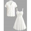 Vintage Couple Outfit Solid Color Lace Panel Scalloped Ruffle Bowknot Smocked Dress and Textured Shirt Set - Blanc S | US 4