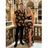 Vacation Couple Outfit Retro Botanical Cluster Floral Print Lace Hollow Out Slit Dress and Shirt Set - Noir S | US 4