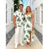 Vacation Couple Outfit Fresh Forest Floral Bouquet Pattern Twisted Cut Out Slit Halter Dress and Shirt Set - Émeraude S | US 4