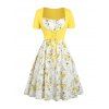 Floral Print Waisted Sleeveless Cami Dress And Solid Lace Up Short Sleeve Crop Top Set - Jaune S | US 4