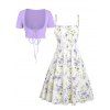 Floral Print Waisted Sleeveless Cami Dress And Solid Lace Up Short Sleeve Crop Top Set - violet lavande XXL | US 14