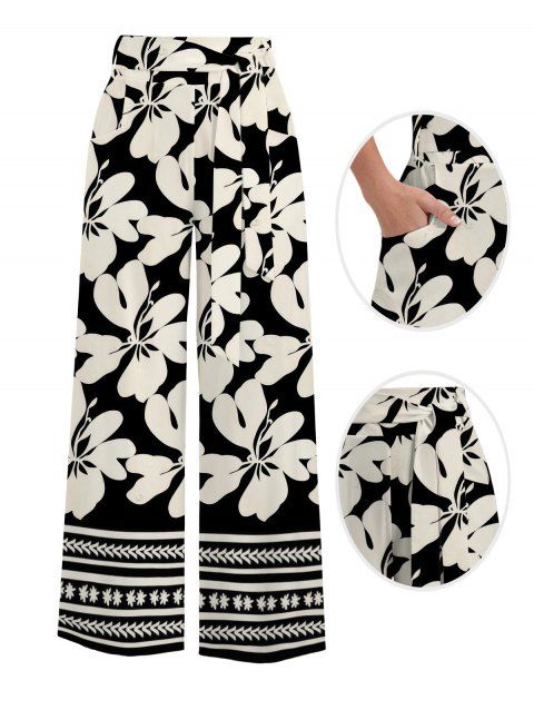 Pantalon de vacances à Hawaï, imprimé floral tribal hibiscus, poches, jambes larges, ceinture