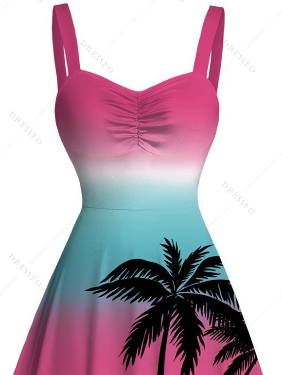Beach Vacation Dress Ombre Coconut Tree Print Ruched Bust Dress - multicolor XXXXXL | US 20