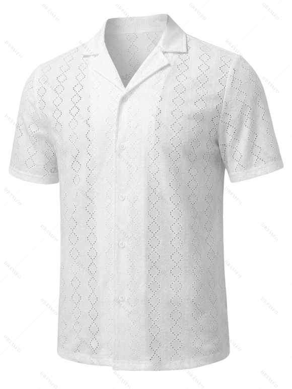 Men's Casual Shirt Solid Color Geometric Hollow Out Turn Down Collar Shirt - Blanc 2XL