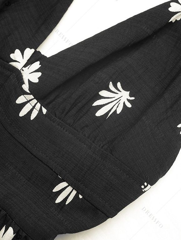 Vintage Halter Dress Allover Floral Leaf Print Open Back Vacation Dress - Noir XL | US 12